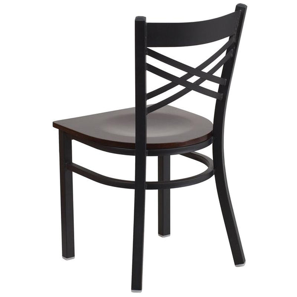 Flash Furniture HERCULES Series Black ''X'' Back Metal Restaurant Chair - Walnut Wood Seat - XU-6FOBXBK-WALW-GG