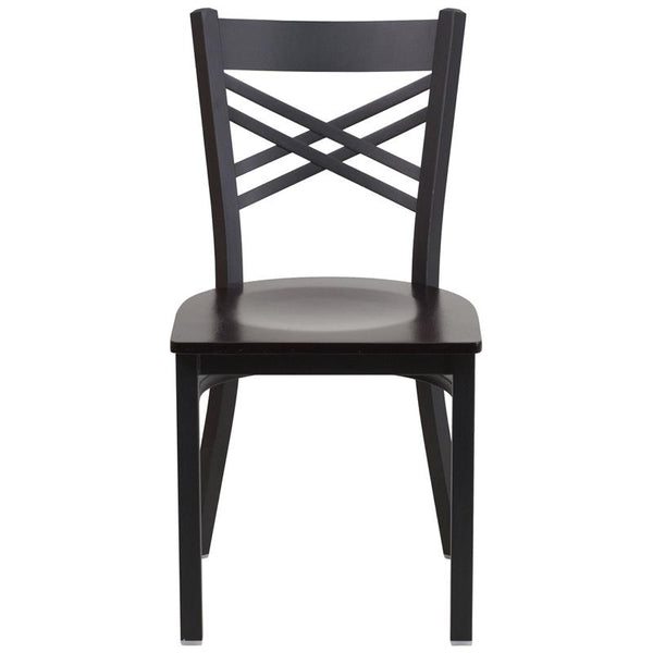 Flash Furniture HERCULES Series Black ''X'' Back Metal Restaurant Chair - Walnut Wood Seat - XU-6FOBXBK-WALW-GG