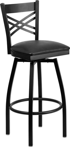 Flash Furniture HERCULES Series Black ''X'' Back Swivel Metal Barstool - Black Vinyl Seat - XU-6F8B-XSWVL-BLKV-GG