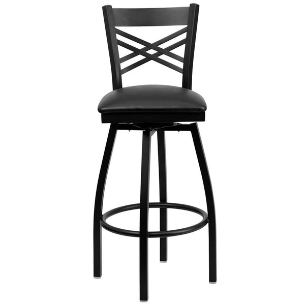 Flash Furniture HERCULES Series Black ''X'' Back Swivel Metal Barstool - Black Vinyl Seat - XU-6F8B-XSWVL-BLKV-GG