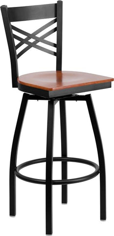 Flash Furniture HERCULES Series Black ''X'' Back Swivel Metal Barstool - Cherry Wood Seat - XU-6F8B-XSWVL-CHYW-GG