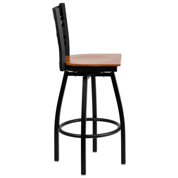 Flash Furniture HERCULES Series Black ''X'' Back Swivel Metal Barstool - Cherry Wood Seat - XU-6F8B-XSWVL-CHYW-GG