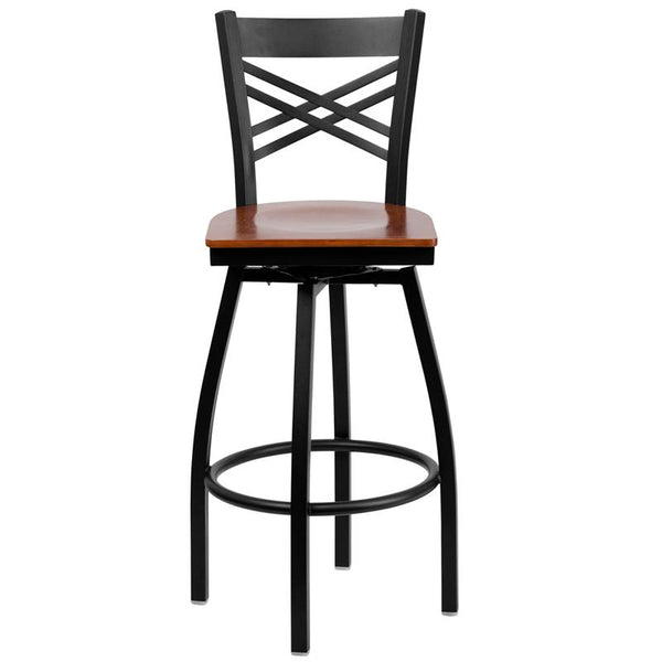 Flash Furniture HERCULES Series Black ''X'' Back Swivel Metal Barstool - Cherry Wood Seat - XU-6F8B-XSWVL-CHYW-GG