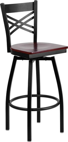 Flash Furniture HERCULES Series Black ''X'' Back Swivel Metal Barstool - Mahogany Wood Seat - XU-6F8B-XSWVL-MAHW-GG