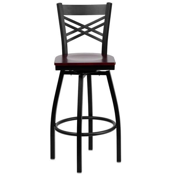 Flash Furniture HERCULES Series Black ''X'' Back Swivel Metal Barstool - Mahogany Wood Seat - XU-6F8B-XSWVL-MAHW-GG
