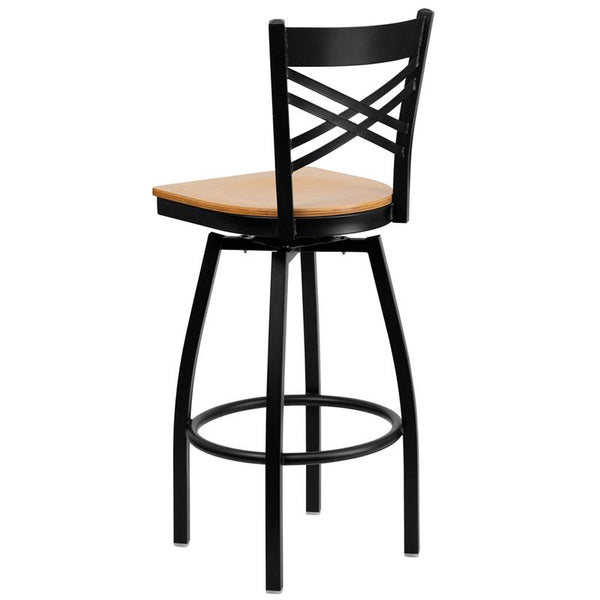 Flash Furniture HERCULES Series Black ''X'' Back Swivel Metal Barstool - Natural Wood Seat - XU-6F8B-XSWVL-NATW-GG