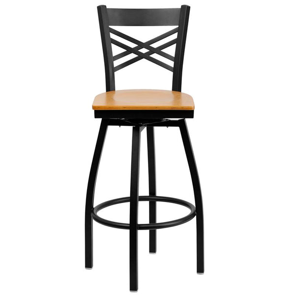 Flash Furniture HERCULES Series Black ''X'' Back Swivel Metal Barstool - Natural Wood Seat - XU-6F8B-XSWVL-NATW-GG