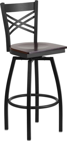 Flash Furniture HERCULES Series Black ''X'' Back Swivel Metal Barstool - Walnut Wood Seat - XU-6F8B-XSWVL-WALW-GG