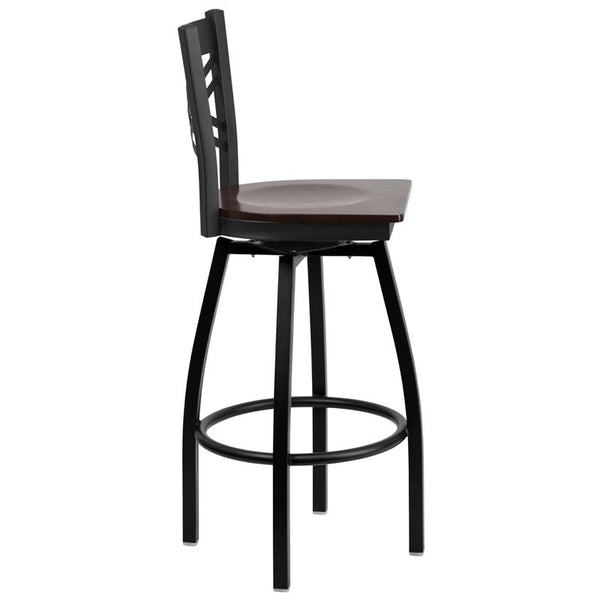 Flash Furniture HERCULES Series Black ''X'' Back Swivel Metal Barstool - Walnut Wood Seat - XU-6F8B-XSWVL-WALW-GG