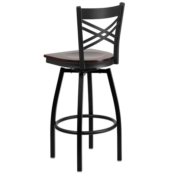 Flash Furniture HERCULES Series Black ''X'' Back Swivel Metal Barstool - Walnut Wood Seat - XU-6F8B-XSWVL-WALW-GG