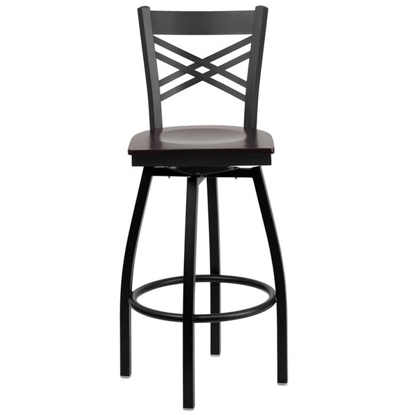 Flash Furniture HERCULES Series Black ''X'' Back Swivel Metal Barstool - Walnut Wood Seat - XU-6F8B-XSWVL-WALW-GG