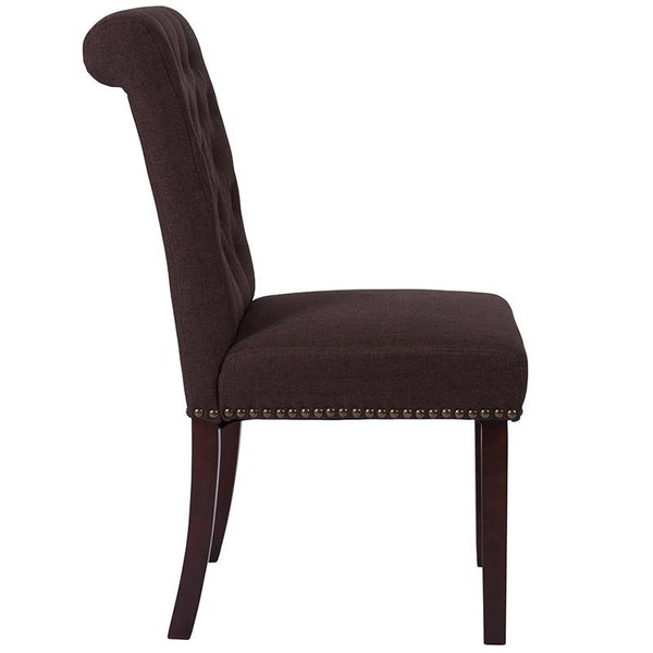 Flash Furniture HERCULES Series Brown Fabric Parsons Chair with Rolled Back, Accent Nail Trim and Walnut Finish - BT-P-BRN-FAB-GG