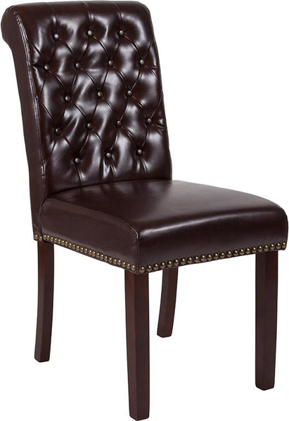 Flash Furniture HERCULES Series Brown Leather Parsons Chair with Rolled Back, Accent Nail Trim and Walnut Finish - BT-P-BRN-LEA-GG