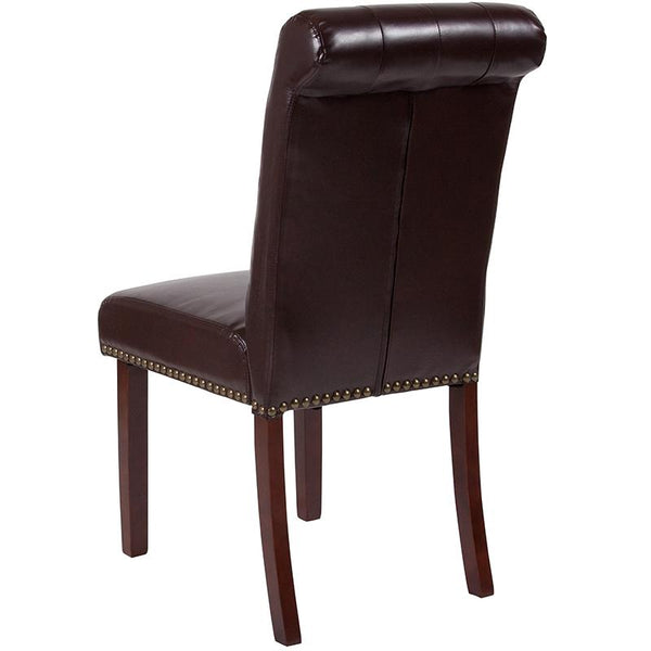 Flash Furniture HERCULES Series Brown Leather Parsons Chair with Rolled Back, Accent Nail Trim and Walnut Finish - BT-P-BRN-LEA-GG