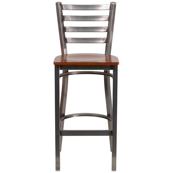 Flash Furniture HERCULES Series Clear Coated Ladder Back Metal Restaurant Barstool - Cherry Wood Seat - XU-DG697BLAD-CLR-BAR-CHYW-GG