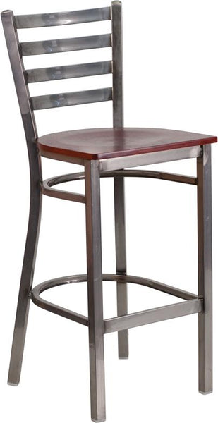 Flash Furniture HERCULES Series Clear Coated Ladder Back Metal Restaurant Barstool - Mahogany Wood Seat - XU-DG697BLAD-CLR-BAR-MAHW-GG