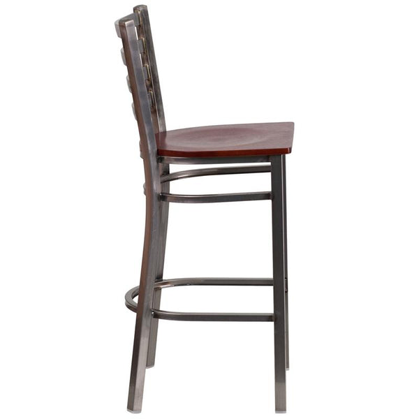 Flash Furniture HERCULES Series Clear Coated Ladder Back Metal Restaurant Barstool - Mahogany Wood Seat - XU-DG697BLAD-CLR-BAR-MAHW-GG