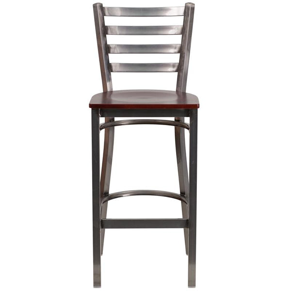 Flash Furniture HERCULES Series Clear Coated Ladder Back Metal Restaurant Barstool - Mahogany Wood Seat - XU-DG697BLAD-CLR-BAR-MAHW-GG