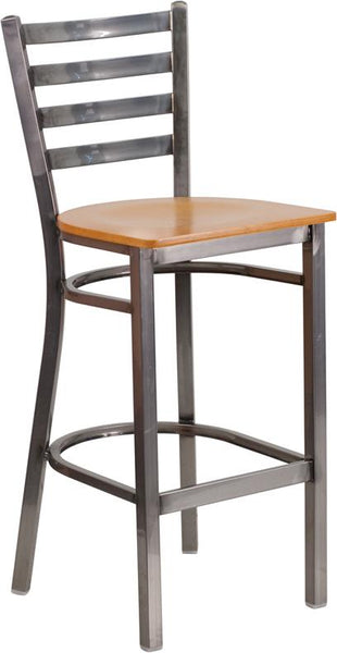 Flash Furniture HERCULES Series Clear Coated Ladder Back Metal Restaurant Barstool - Natural Wood Seat - XU-DG697BLAD-CLR-BAR-NATW-GG