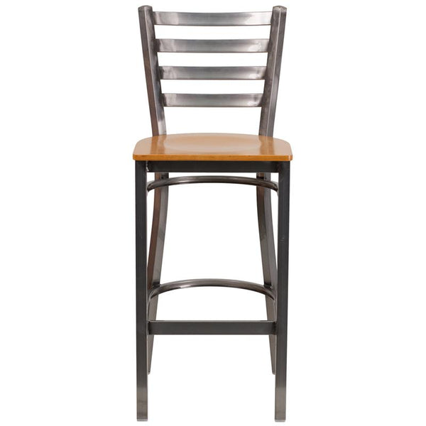Flash Furniture HERCULES Series Clear Coated Ladder Back Metal Restaurant Barstool - Natural Wood Seat - XU-DG697BLAD-CLR-BAR-NATW-GG