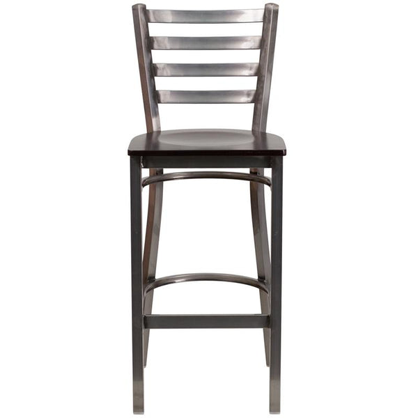 Flash Furniture HERCULES Series Clear Coated Ladder Back Metal Restaurant Barstool - Walnut Wood Seat - XU-DG697BLAD-CLR-BAR-WALW-GG
