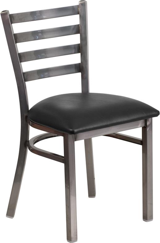 Flash Furniture HERCULES Series Clear Coated Ladder Back Metal Restaurant Chair - Black Vinyl Seat - XU-DG694BLAD-CLR-BLKV-GG