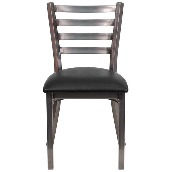 Flash Furniture HERCULES Series Clear Coated Ladder Back Metal Restaurant Chair - Black Vinyl Seat - XU-DG694BLAD-CLR-BLKV-GG
