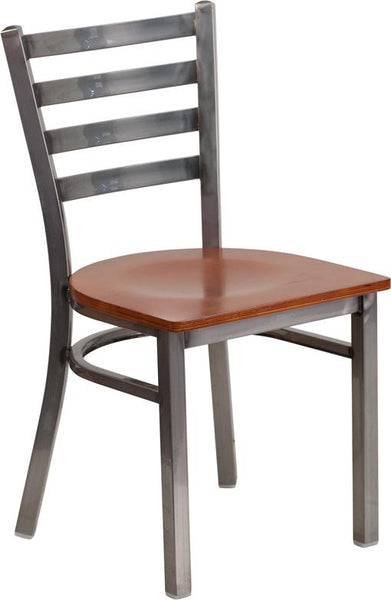 Flash Furniture HERCULES Series Clear Coated Ladder Back Metal Restaurant Chair - Cherry Wood Seat - XU-DG694BLAD-CLR-CHYW-GG