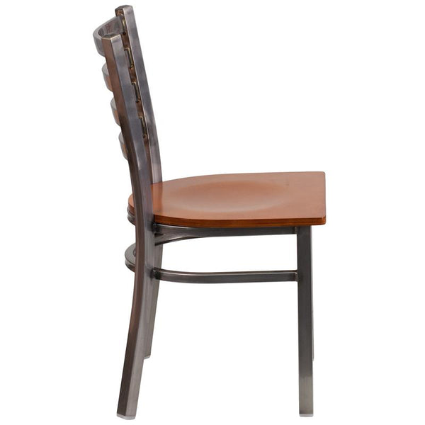 Flash Furniture HERCULES Series Clear Coated Ladder Back Metal Restaurant Chair - Cherry Wood Seat - XU-DG694BLAD-CLR-CHYW-GG