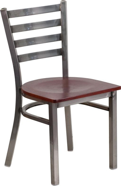Flash Furniture HERCULES Series Clear Coated Ladder Back Metal Restaurant Chair - Mahogany Wood Seat - XU-DG694BLAD-CLR-MAHW-GG