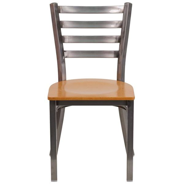 Flash Furniture HERCULES Series Clear Coated Ladder Back Metal Restaurant Chair - Natural Wood Seat - XU-DG694BLAD-CLR-NATW-GG