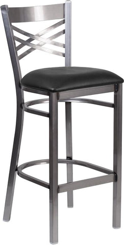 Flash Furniture HERCULES Series Clear Coated ''X'' Back Metal Restaurant Barstool - Black Vinyl Seat - XU-6F8B-CLR-BAR-BLKV-GG