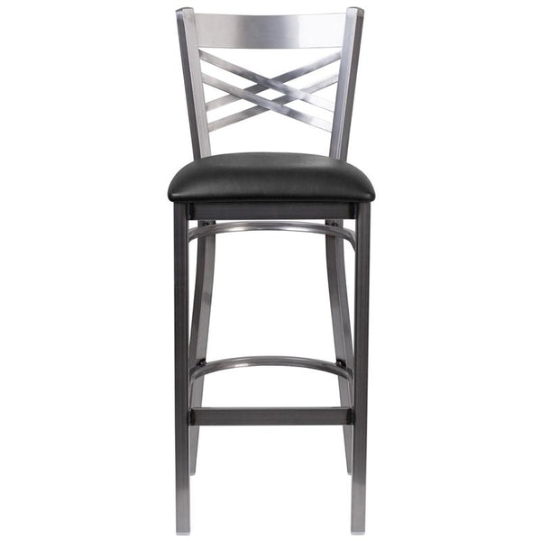 Flash Furniture HERCULES Series Clear Coated ''X'' Back Metal Restaurant Barstool - Black Vinyl Seat - XU-6F8B-CLR-BAR-BLKV-GG