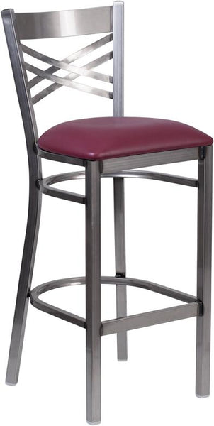 Flash Furniture HERCULES Series Clear Coated ''X'' Back Metal Restaurant Barstool - Burgundy Vinyl Seat - XU-6F8B-CLR-BAR-BURV-GG