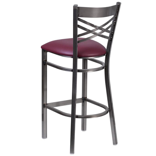 Flash Furniture HERCULES Series Clear Coated ''X'' Back Metal Restaurant Barstool - Burgundy Vinyl Seat - XU-6F8B-CLR-BAR-BURV-GG