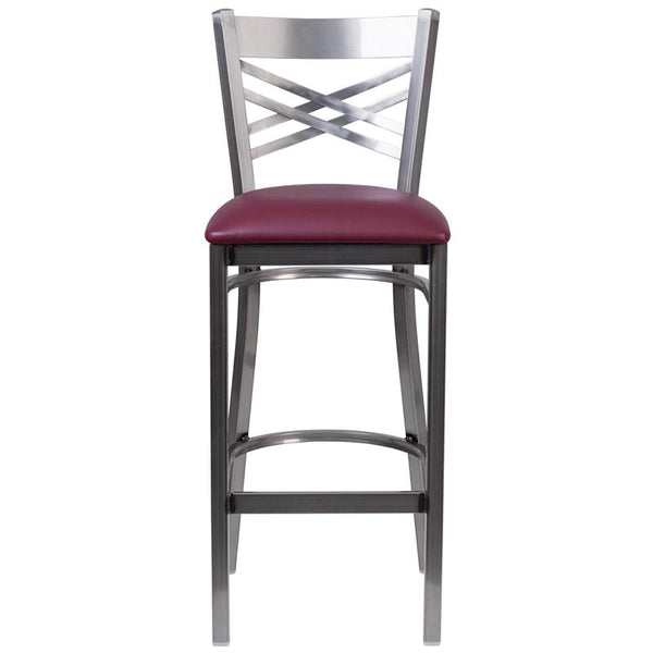 Flash Furniture HERCULES Series Clear Coated ''X'' Back Metal Restaurant Barstool - Burgundy Vinyl Seat - XU-6F8B-CLR-BAR-BURV-GG