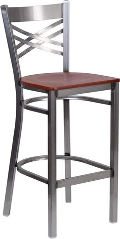 Flash Furniture HERCULES Series Clear Coated ''X'' Back Metal Restaurant Barstool - Cherry Wood Seat - XU-6F8B-CLR-BAR-CHYW-GG