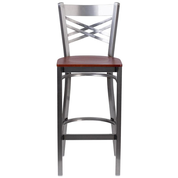 Flash Furniture HERCULES Series Clear Coated ''X'' Back Metal Restaurant Barstool - Cherry Wood Seat - XU-6F8B-CLR-BAR-CHYW-GG