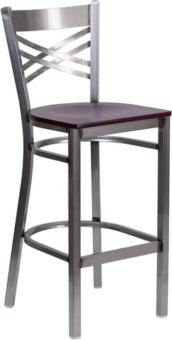 Flash Furniture HERCULES Series Clear Coated ''X'' Back Metal Restaurant Barstool - Mahogany Wood Seat - XU-6F8B-CLR-BAR-MAHW-GG