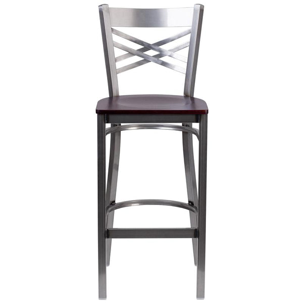 Flash Furniture HERCULES Series Clear Coated ''X'' Back Metal Restaurant Barstool - Mahogany Wood Seat - XU-6F8B-CLR-BAR-MAHW-GG