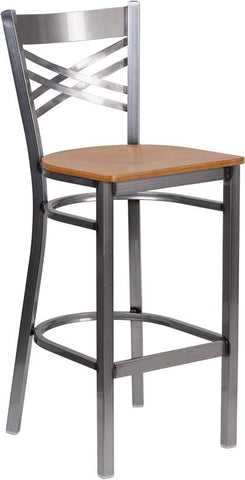 Flash Furniture HERCULES Series Clear Coated ''X'' Back Metal Restaurant Barstool - Natural Wood Seat - XU-6F8B-CLR-BAR-NATW-GG