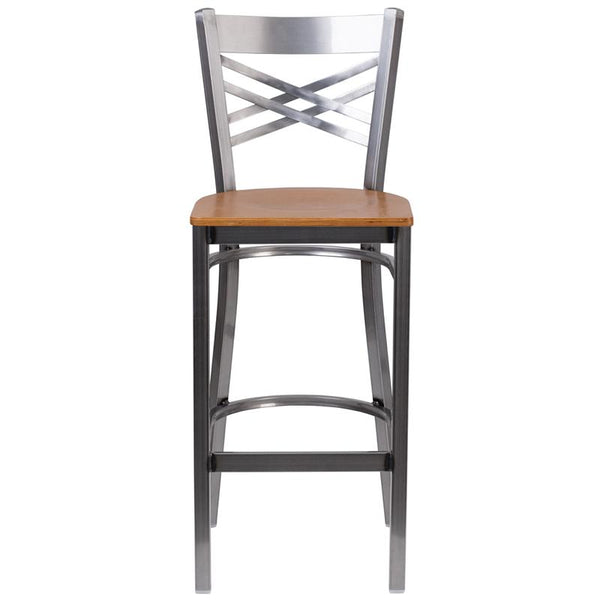 Flash Furniture HERCULES Series Clear Coated ''X'' Back Metal Restaurant Barstool - Natural Wood Seat - XU-6F8B-CLR-BAR-NATW-GG