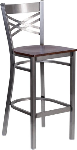 Flash Furniture HERCULES Series Clear Coated ''X'' Back Metal Restaurant Barstool - Walnut Wood Seat - XU-6F8B-CLR-BAR-WALW-GG