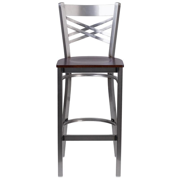 Flash Furniture HERCULES Series Clear Coated ''X'' Back Metal Restaurant Barstool - Walnut Wood Seat - XU-6F8B-CLR-BAR-WALW-GG