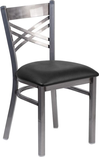 Flash Furniture HERCULES Series Clear Coated ''X'' Back Metal Restaurant Chair - Black Vinyl Seat - XU-6FOB-CLR-BLKV-GG