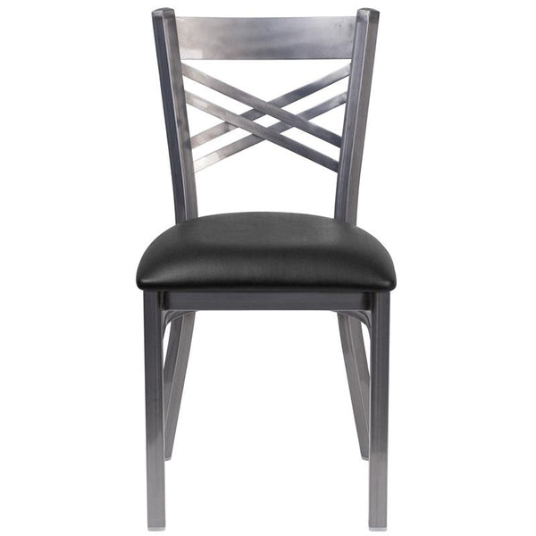 Flash Furniture HERCULES Series Clear Coated ''X'' Back Metal Restaurant Chair - Black Vinyl Seat - XU-6FOB-CLR-BLKV-GG