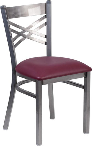 Flash Furniture HERCULES Series Clear Coated ''X'' Back Metal Restaurant Chair - Burgundy Vinyl Seat - XU-6FOB-CLR-BURV-GG