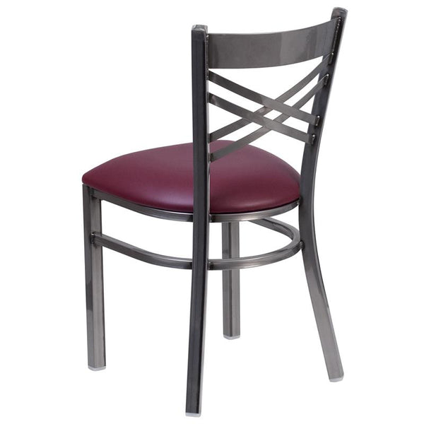 Flash Furniture HERCULES Series Clear Coated ''X'' Back Metal Restaurant Chair - Burgundy Vinyl Seat - XU-6FOB-CLR-BURV-GG