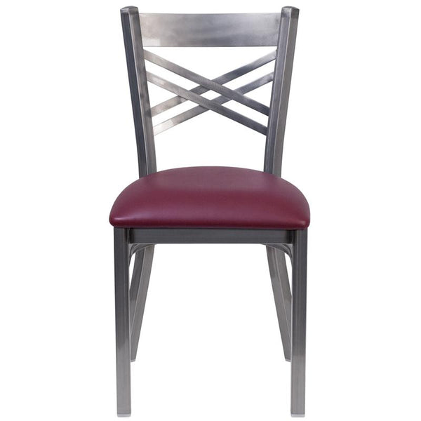 Flash Furniture HERCULES Series Clear Coated ''X'' Back Metal Restaurant Chair - Burgundy Vinyl Seat - XU-6FOB-CLR-BURV-GG