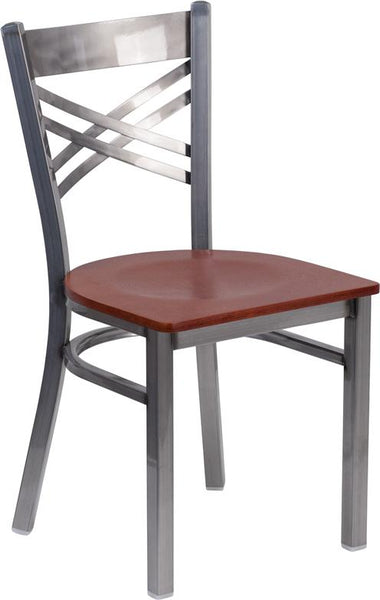 Flash Furniture HERCULES Series Clear Coated ''X'' Back Metal Restaurant Chair - Cherry Wood Seat - XU-6FOB-CLR-CHYW-GG